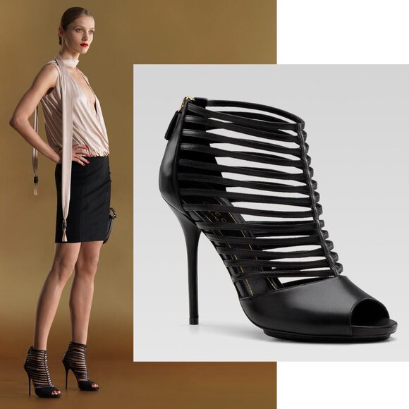 GUCCI SHOES INGA BLACK LEATHER STRAPPY CAGED HIGH HEEL SANDALS sz 37.5 7.5
